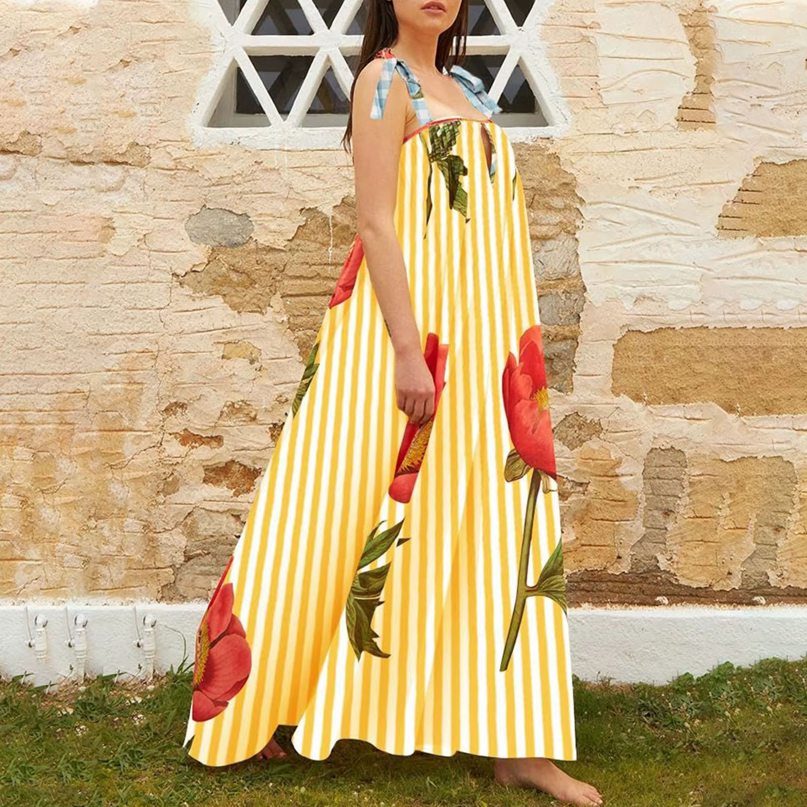 Casual Floral Print Square Collar Print Loose Floor-Length Maxi Dress - Image 5