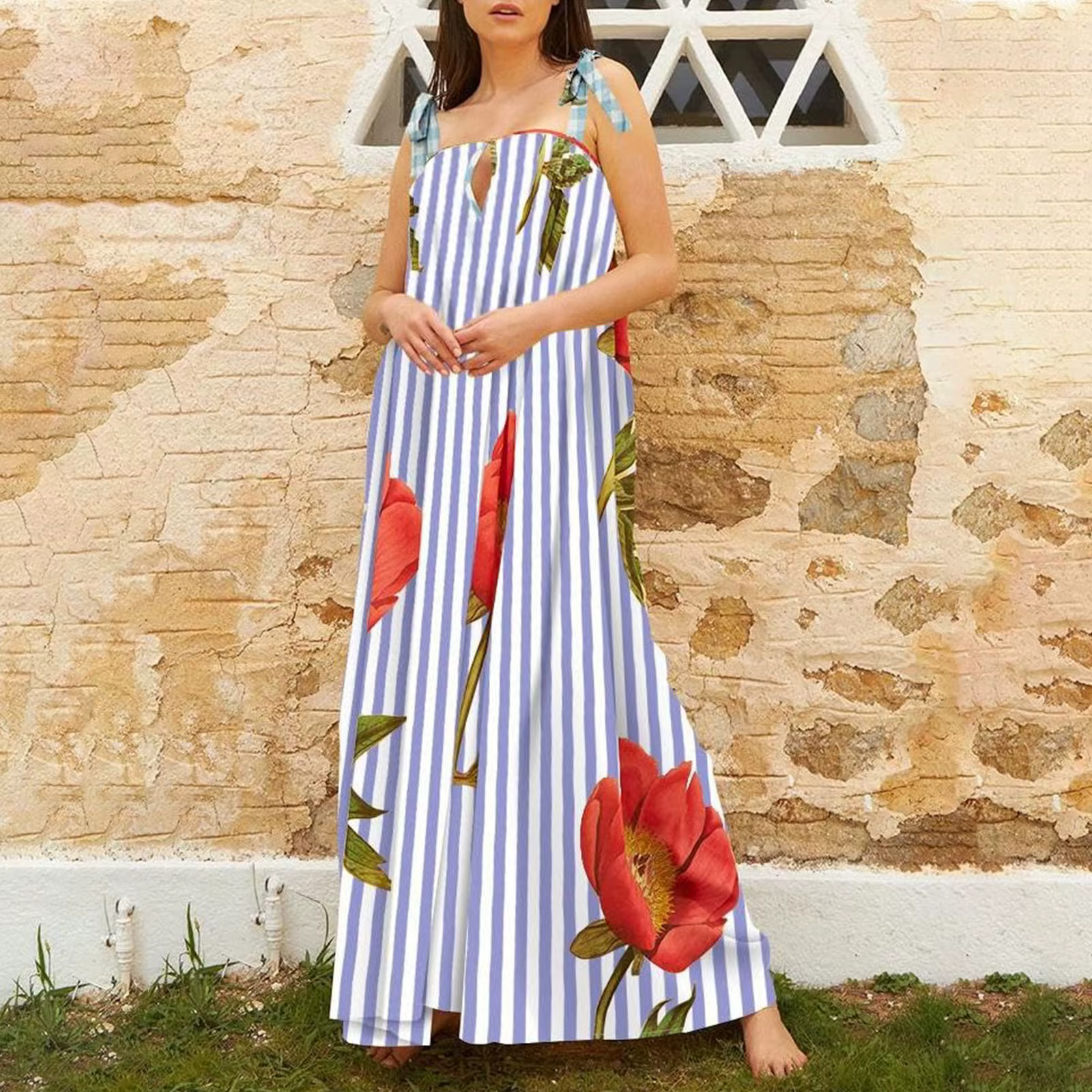 Casual Floral Print Square Collar Print Loose Floor-Length Maxi Dress