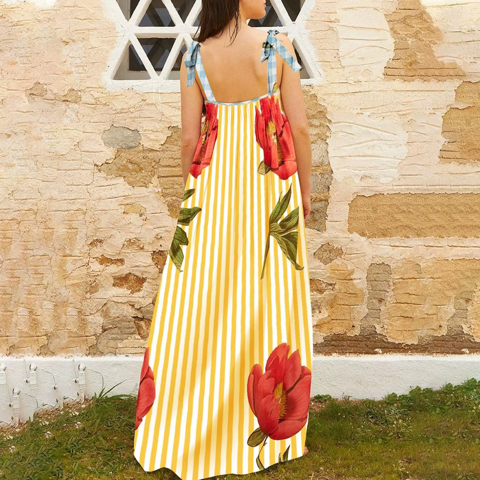 Casual Floral Print Square Collar Print Loose Floor-Length Maxi Dress - Image 6