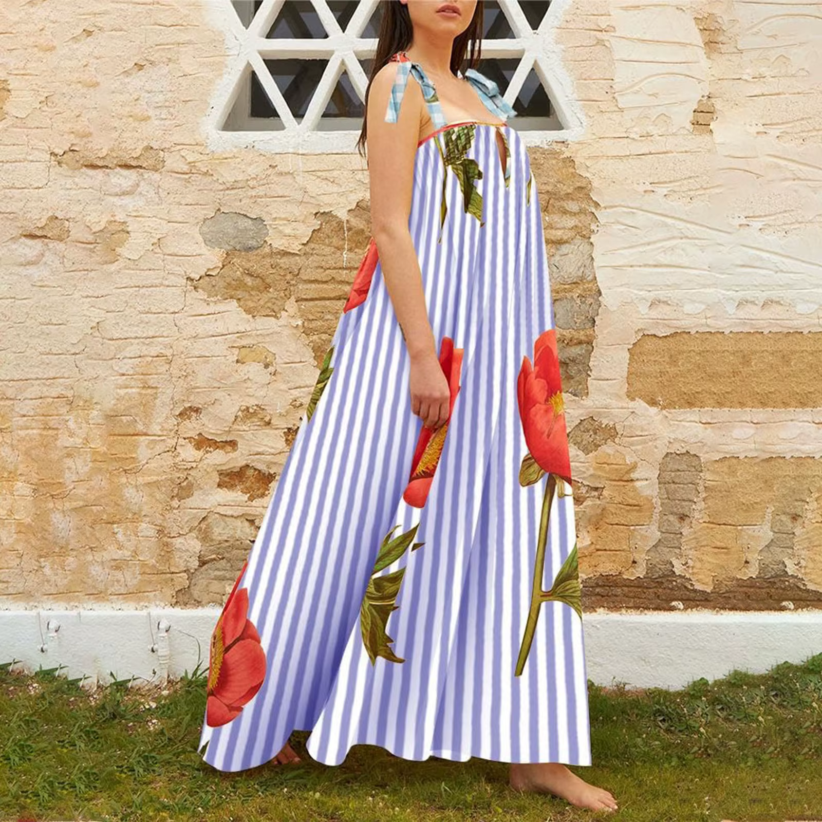 Casual Floral Print Square Collar Print Loose Floor-Length Maxi Dress - Image 2