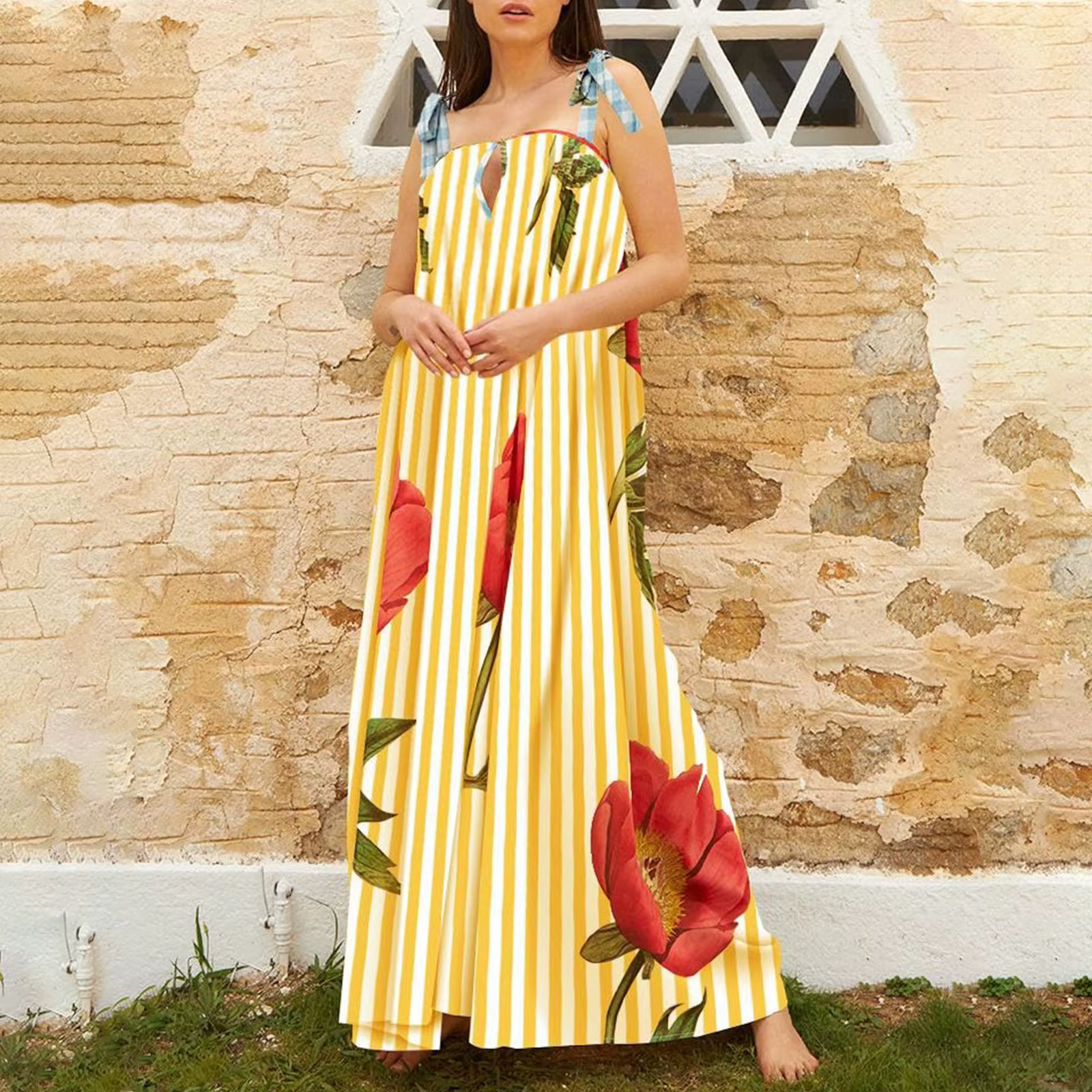 Casual Floral Print Square Collar Print Loose Floor-Length Maxi Dress - Image 3