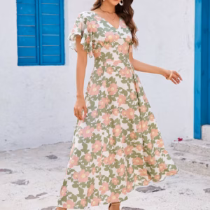 Casual Floral Print V-neck Ruffled Short Sleeve Slim-fit Swing Maxi Dress