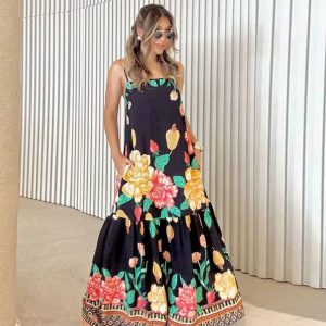 Casual Flower Print Long Backless A-line Beach Style Loose Maxi Dress
