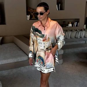 Casual Flower Printed Long Sleeve Turn-Down Collar Shirt Wide Leg Short 2 Piece Suits