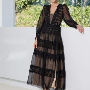 Casual Fringe Lace Deep V-Neck Long Sleeves High Slit Polka Dot Maxi Dress