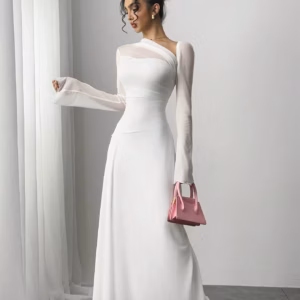 Casual Gauze Explosion Slim-fit High Irregular Oblique Shoulder Ultra Long Maxi Dress