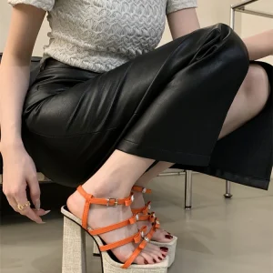 Casual Gladiator Narrow Band Buckle Strap Platform Square High Heels