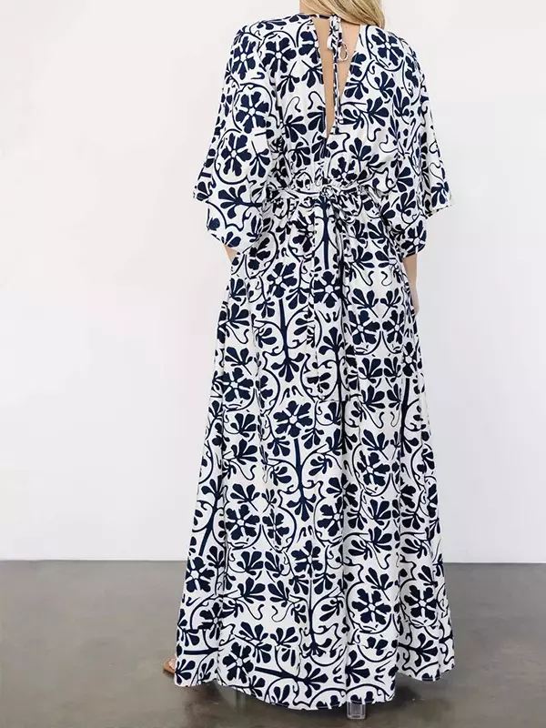 Casual Half-Sleeve Side Slit Floral Printed V-Neck Maxi Dress - Image 5