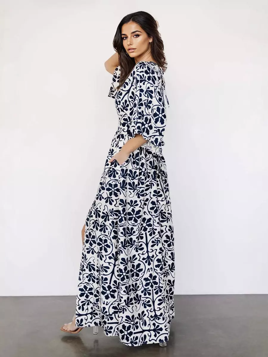 Casual Half-Sleeve Side Slit Floral Printed V-Neck Maxi Dress - Image 4