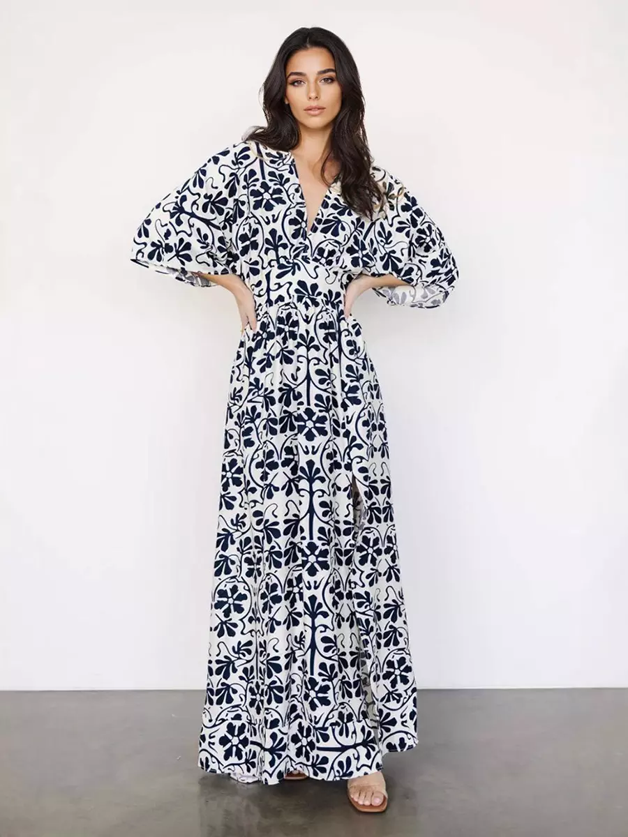 Casual Half-Sleeve Side Slit Floral Printed V-Neck Maxi Dress - Image 2