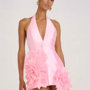 Casual Halter V-neck With Ruffled Flower Detail for Barbie-Inspired Parties Mini Dress