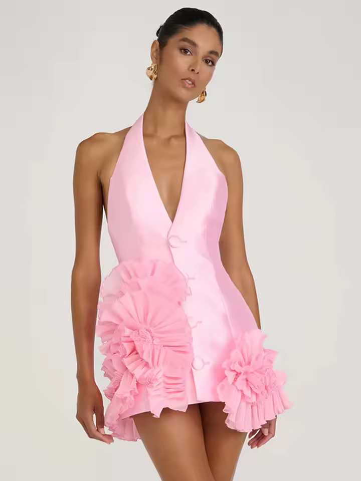 Casual Halter V-neck With Ruffled Flower Detail for Barbie-Inspired Parties Mini Dress