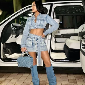 Casual Hipster Lapel Long Sleeve Button-Up Jacket and Belt Mini Skirt Two Piece Set