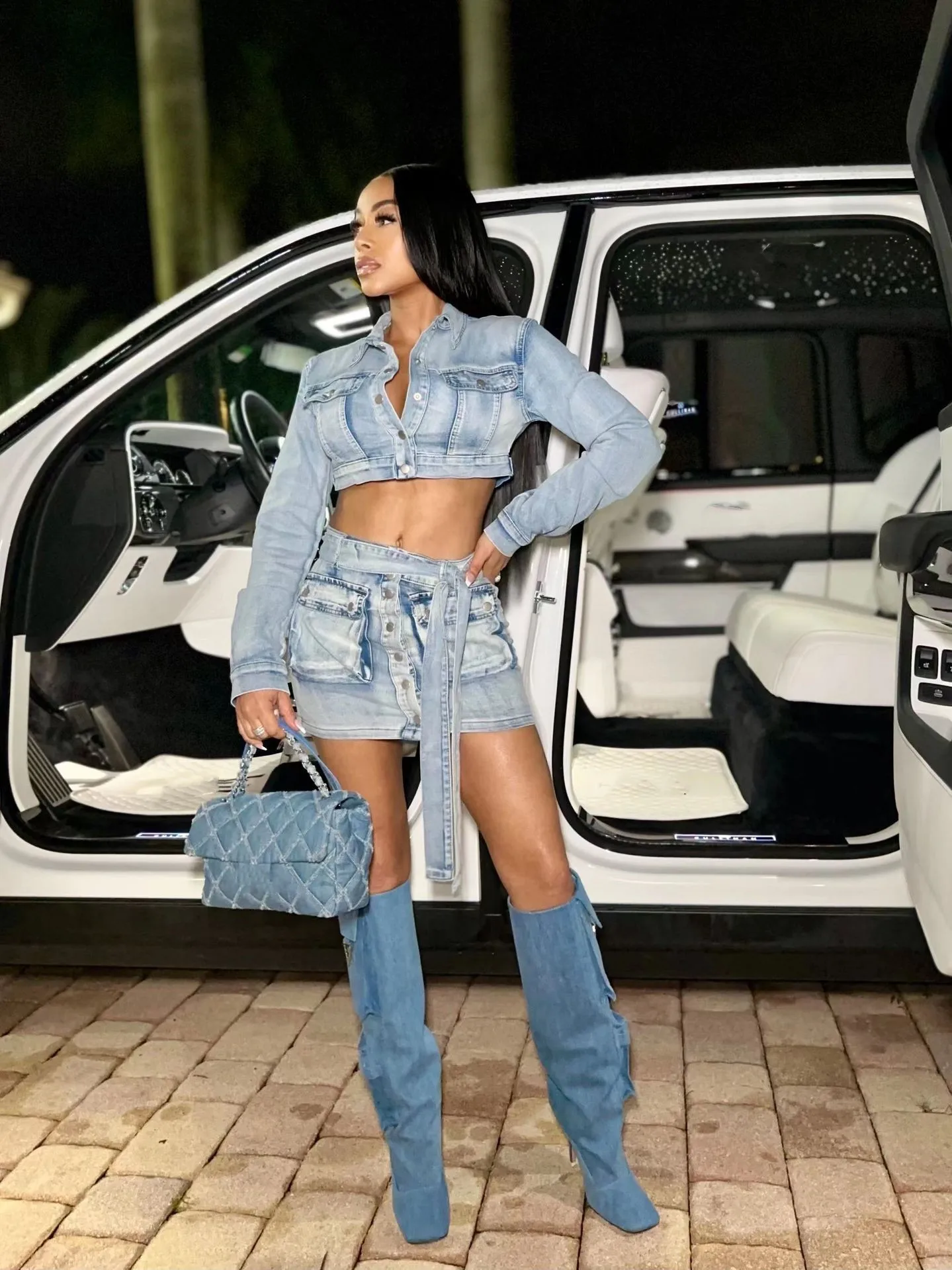 Casual Hipster Lapel Long Sleeve Button-Up Jacket and Belt Mini Skirt Two Piece Set