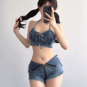 Casual Hollow Stripe Skinny Bra And Low Waist Shorts Non Stretch 2 Piece Set