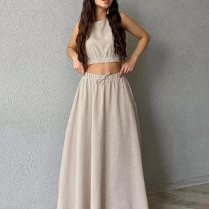 Casual Jewel Neck Sleeveless Crop Top And A-line Long Skirt Two Piece Set