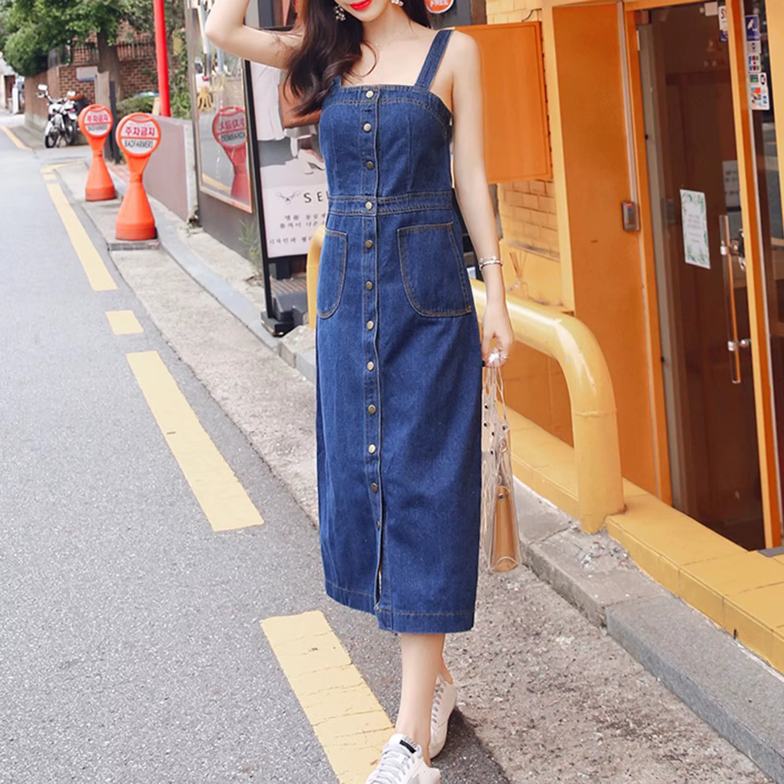 Casual Knitted Single Breasted Denim Regular Fit Midi Jumpsuit - Image 3