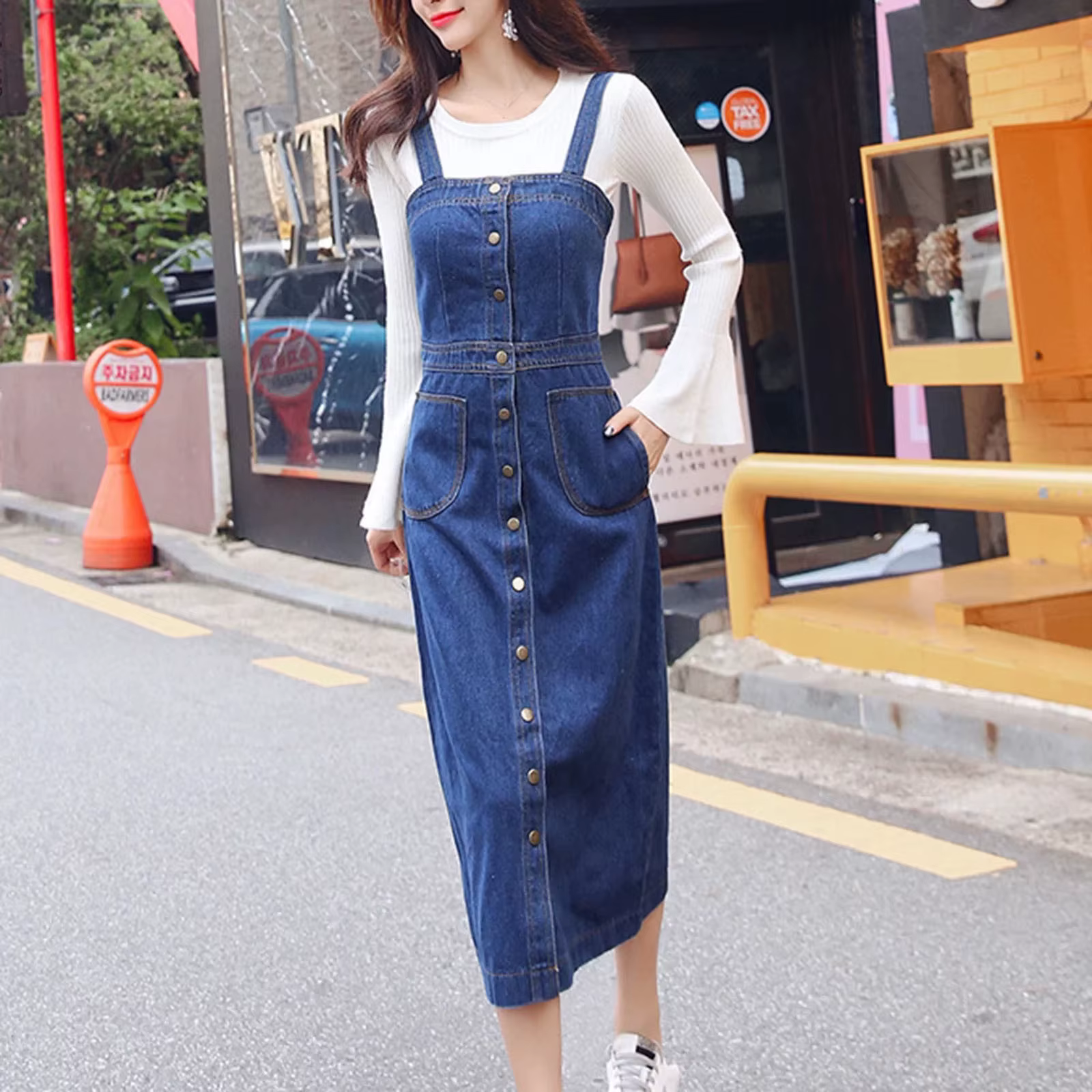 Casual Knitted Single Breasted Denim Regular Fit Midi Jumpsuit - Image 2