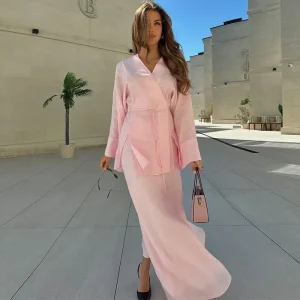 Casual Lace Up V-neck Full Sleeve Cardigan Loose Skirt 2 Piece Sets