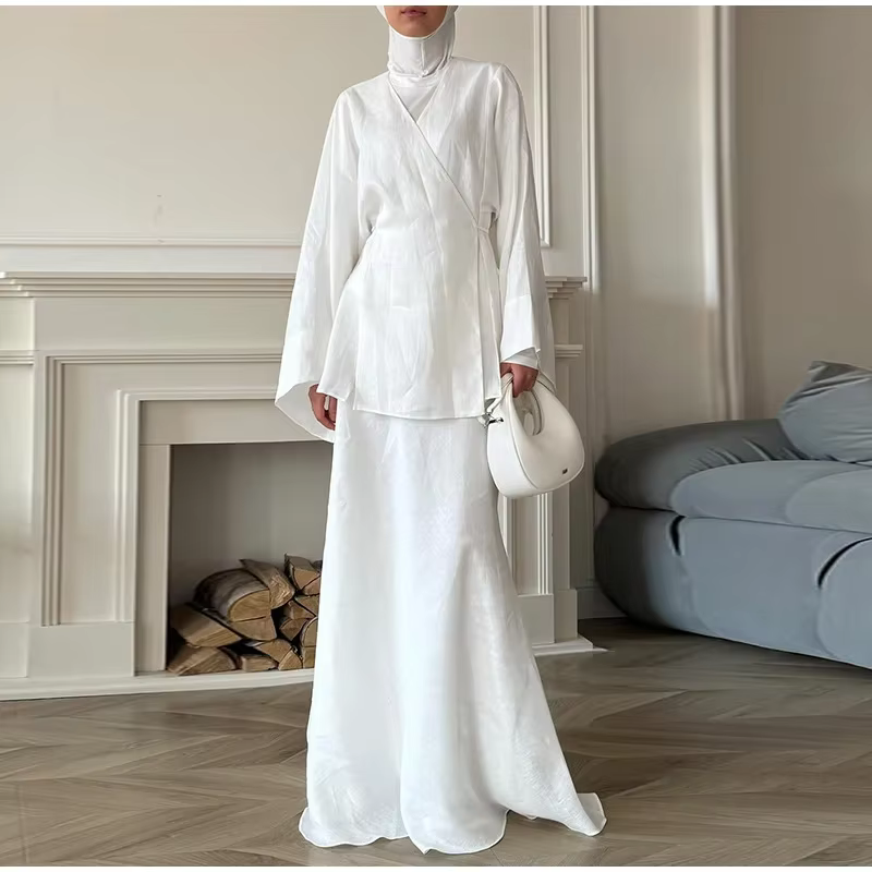 Casual Lace Up V-neck Full Sleeve Top High Waist A-line Long Skirts Two Piece Set