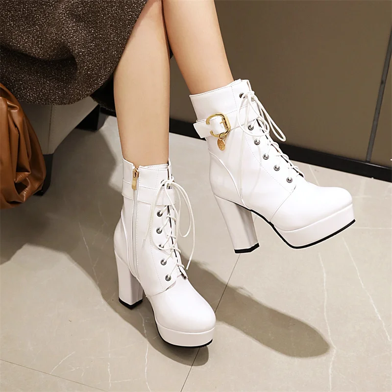 Casual Leather Lace Up Short Round Toe Square Platform Boots - Image 8
