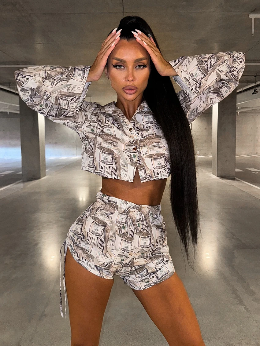 Casual Long Sleeve Sleepwear Turn-Down Collar Crop Top Shorts Pajamas 2 Piece Set - Image 2