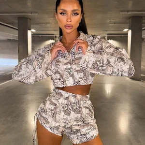 Casual Long Sleeve Sleepwear Turn-Down Collar Crop Top Shorts Pajamas 2 Piece Set