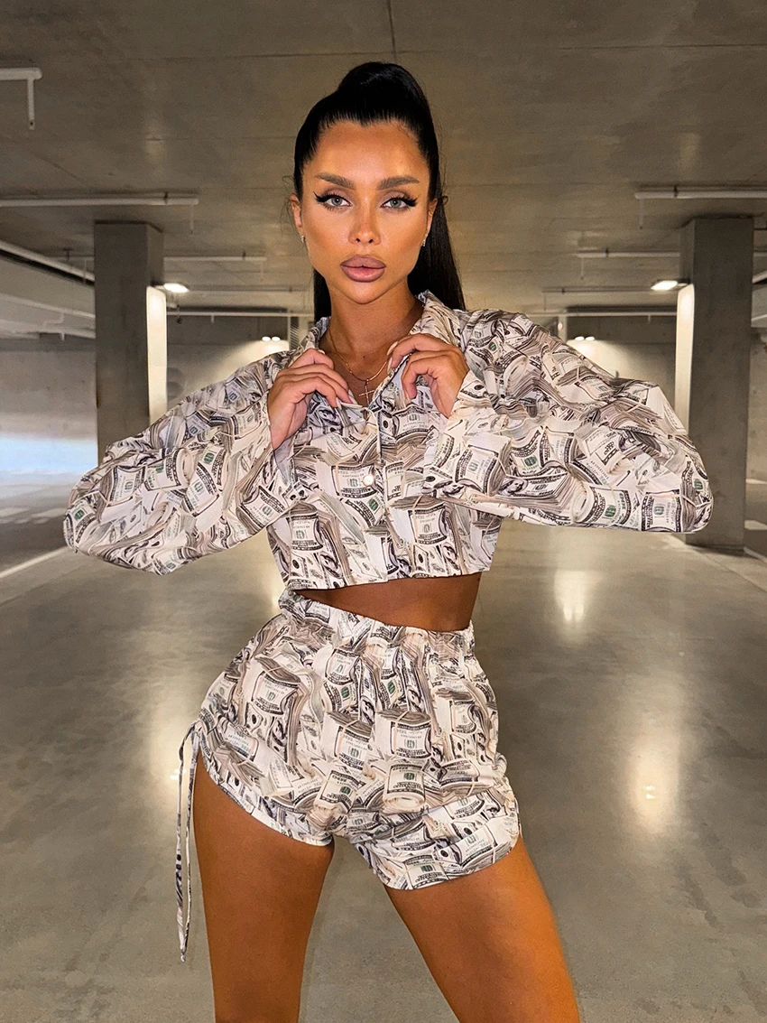 Casual Long Sleeve Sleepwear Turn-Down Collar Crop Top Shorts Pajamas 2 Piece Set