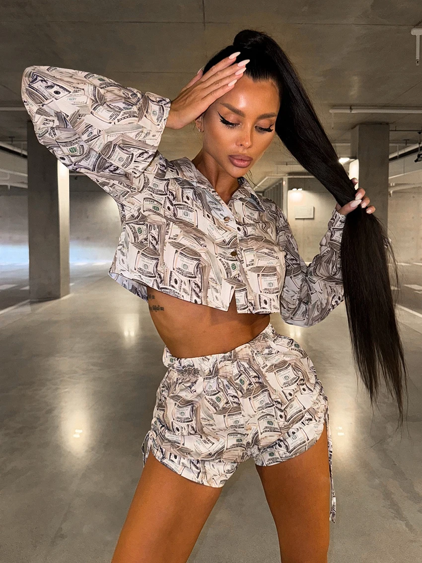 Casual Long Sleeve Sleepwear Turn-Down Collar Crop Top Shorts Pajamas 2 Piece Set - Image 3