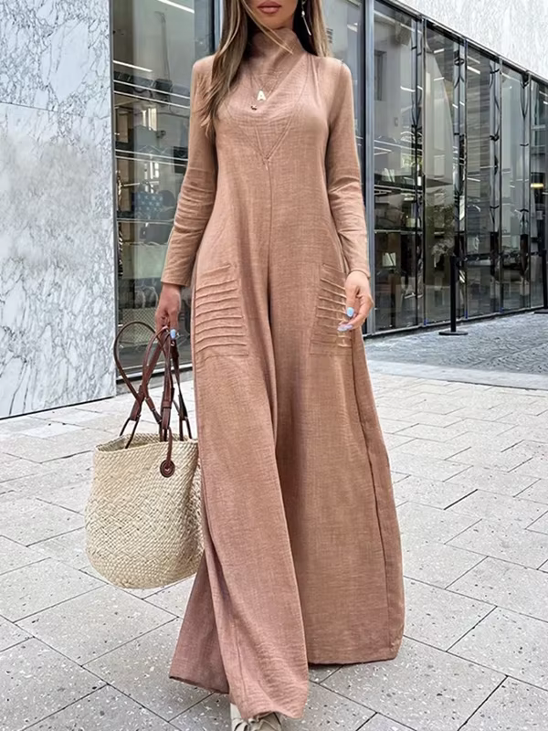 Casual Long Sleeves High Waisted Wide Leg Long Pant With Pockets Jumpsuits