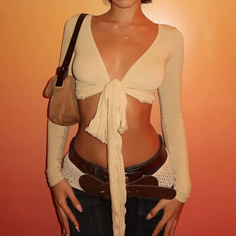 Casual Long Sleeves V-neck Solid Slim Lace Up Leisure Crop Top - Image 5