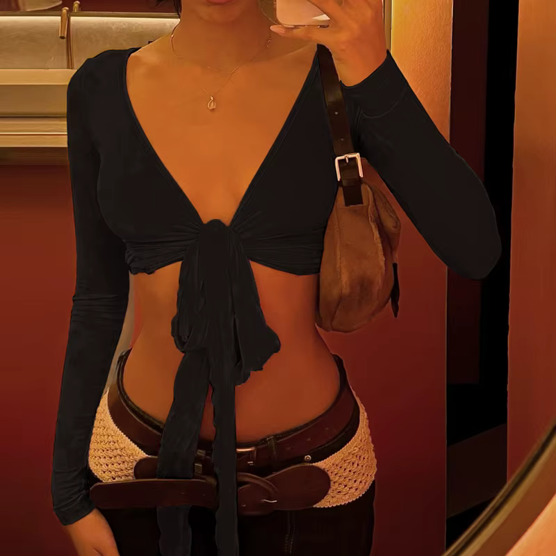 Casual Long Sleeves V-neck Solid Slim Lace Up Leisure Crop Top - Image 3