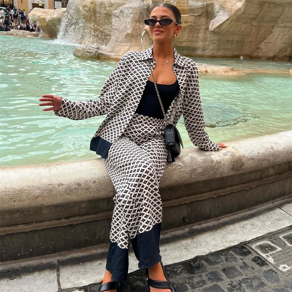 Casual Loose And Versatile Flower Printed Shirt Wide Leg Pants 2 Piece Set - Image 2