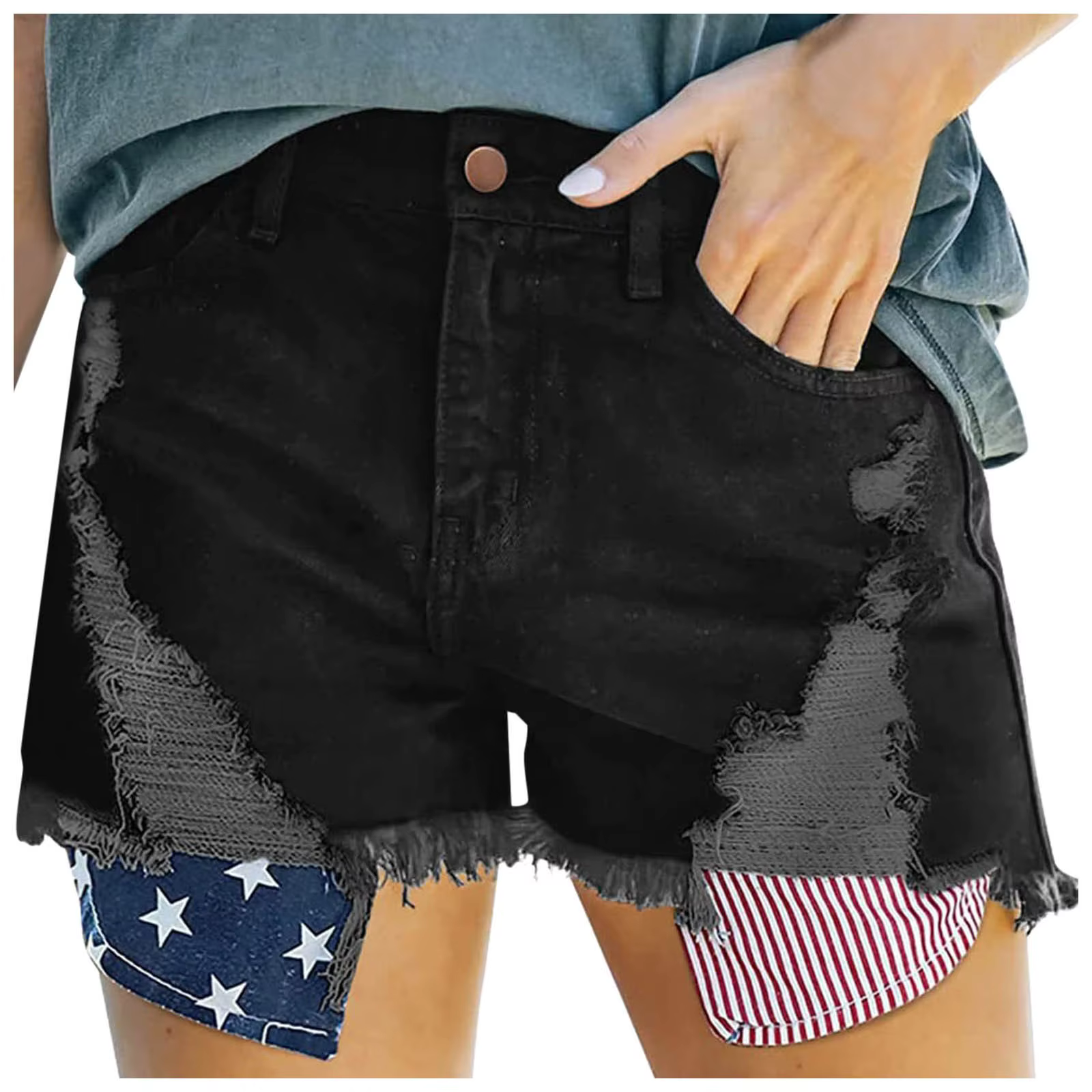 Casual Low Waist USA Flag Printed Denim Skinny Jeans Shorts