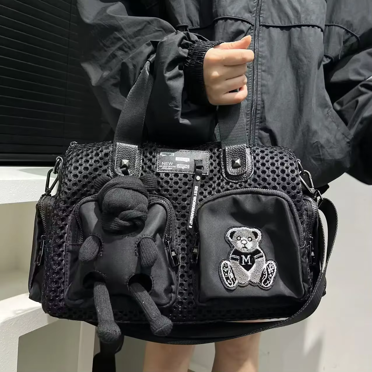 Casual Mesh Splicing Multiple Pockets Single Shoulder Diagonal Cross Bag - Image 5