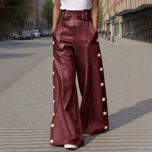 Casual Metal Buckle High Waist Wide Leg Loose Pant Streetwear