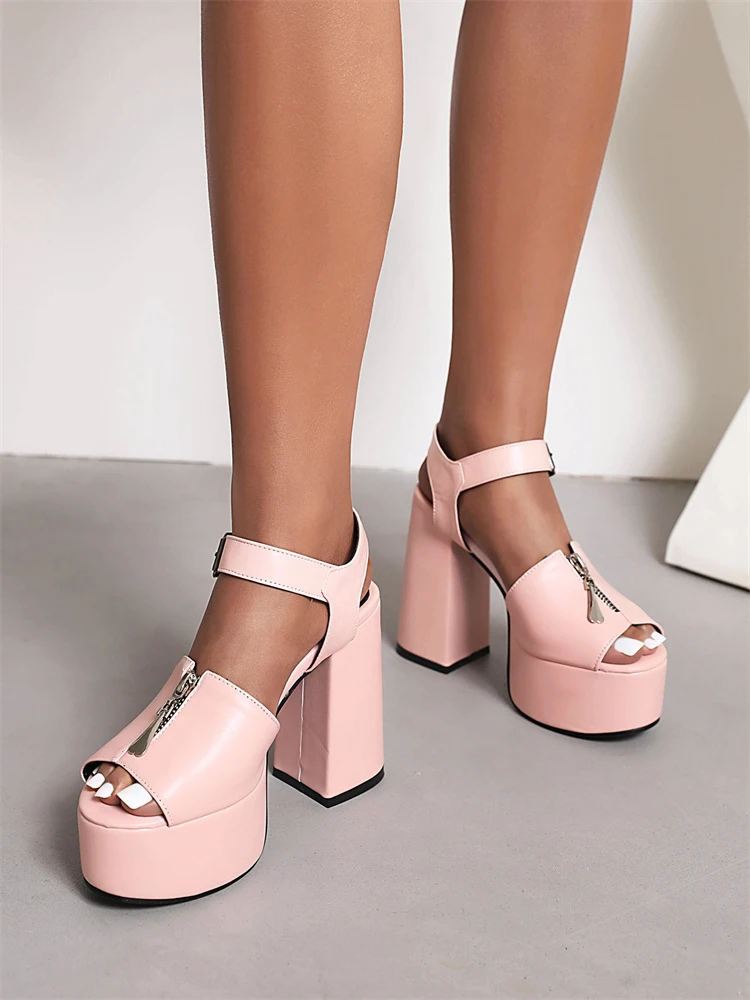 Casual Metal Zipper Embellished Chunky Platform Ankle Belt Buckle Sandals - Image 14