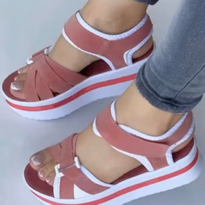 Casual Mix Color Cotton Fabric Ankle Strap Wedges Heels