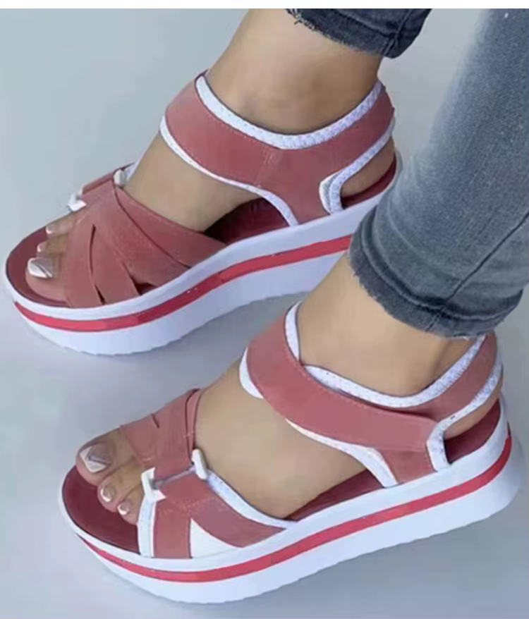 Casual Mix Color Cotton Fabric Ankle Strap Wedges Heels