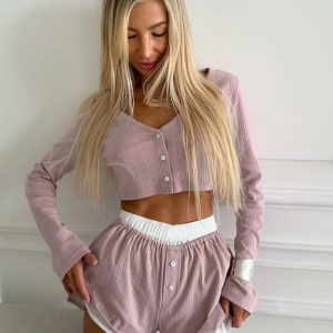 Casual Nightwear Long Sleeve Crop Top V-Neck Pajama Shorts 2 Piece Suit