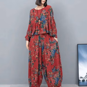 Casual O-Neck Long Sleeve Printing Tops Girdling Waist Wide Leg Pants 2 Piece Set