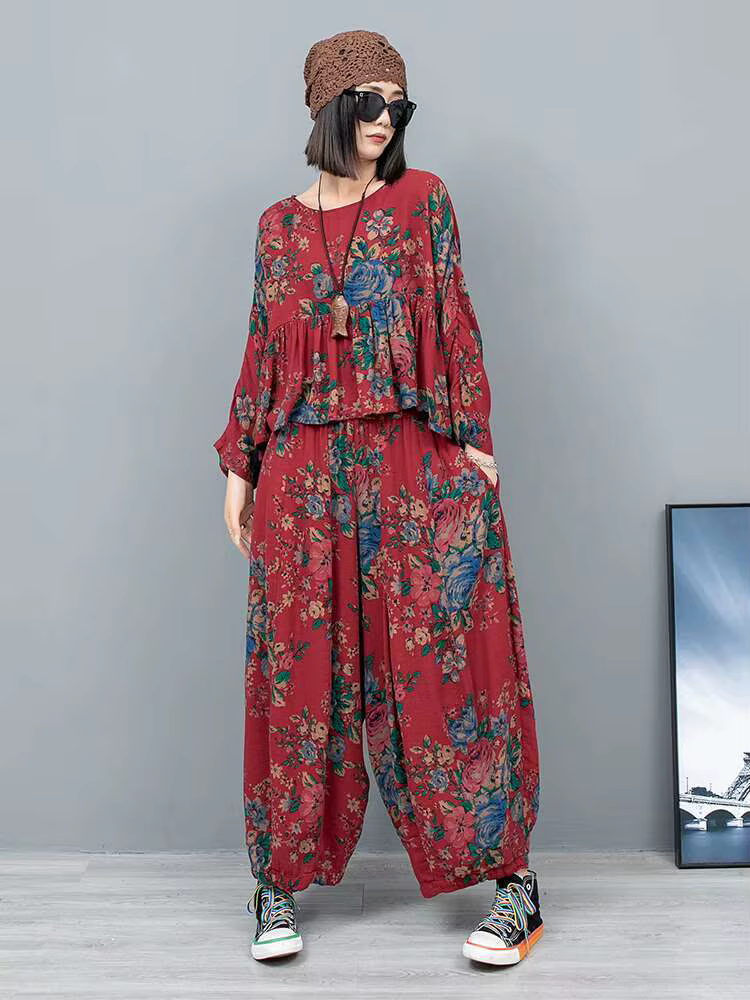 Casual O-Neck Long Sleeve Printing Tops Girdling Waist Wide Leg Pants 2 Piece Set