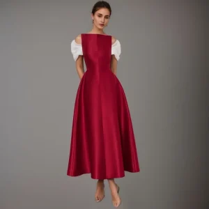 Casual Off Shoulder Patchwork Short Sleeves Round Neck Slim Big Swing Mid-calf Dresses 