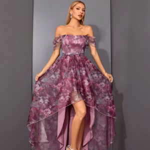 Casual One Collar Printed Pleated Front Short Back Long Mesh Long Skirt With Large Swing Maxi Dress