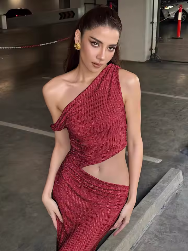 Casual One-Shoulder Crystal Sleeveless Sequin Detail Evening Party Long Maxi Dress