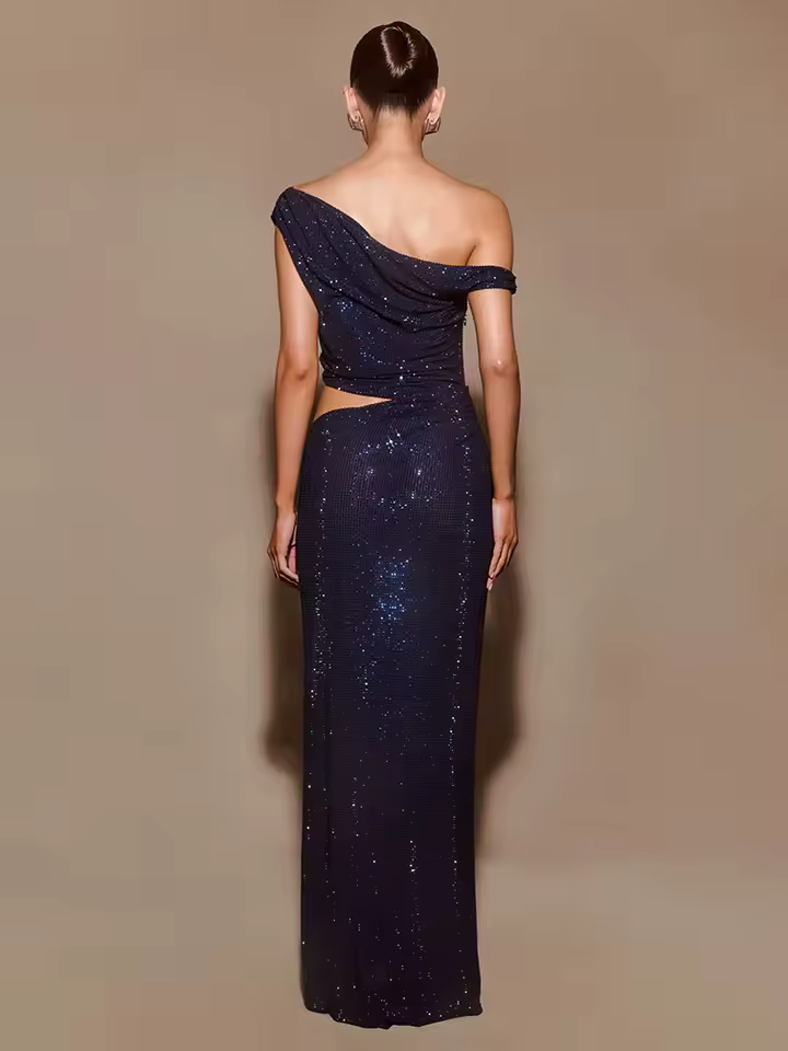Casual One-Shoulder Crystal Sleeveless Sequin Detail Evening Party Long Maxi Dress - Image 4