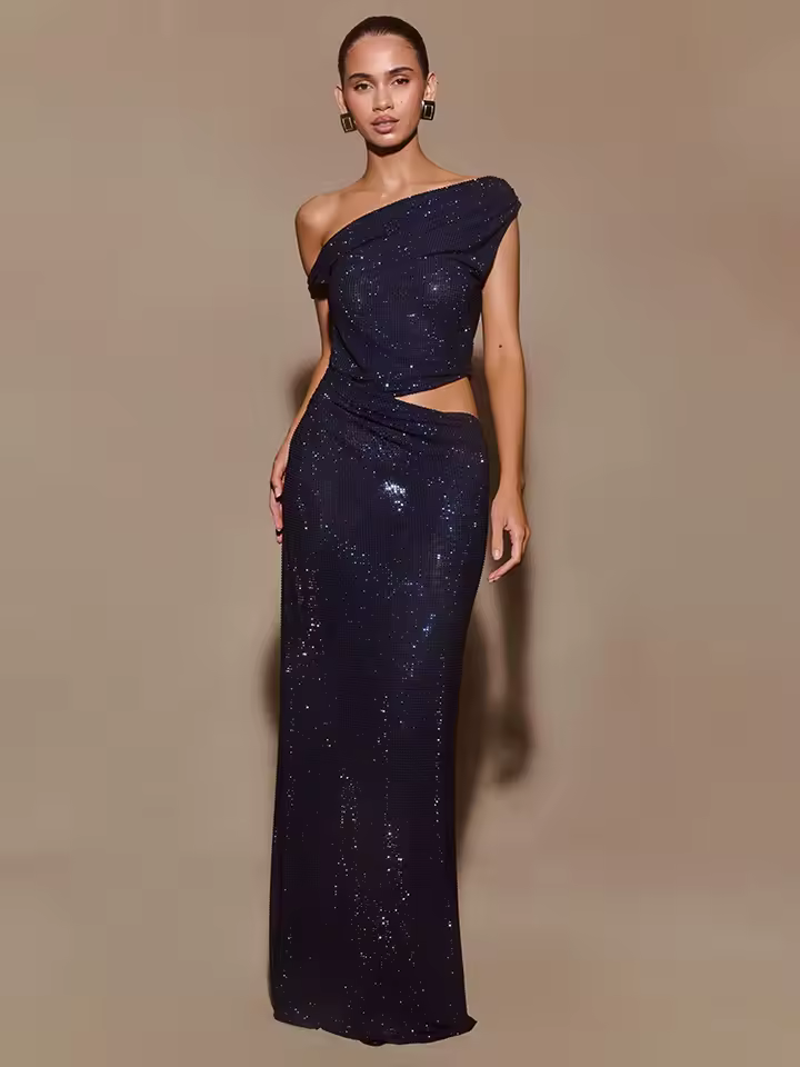 Casual One-Shoulder Crystal Sleeveless Sequin Detail Evening Party Long Maxi Dress - Image 3