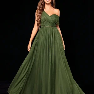 Casual One shoulder Irregular Sequin Belt Mesh Full Skirt Evening Party Ball Bridesmaid Maxi Dress  