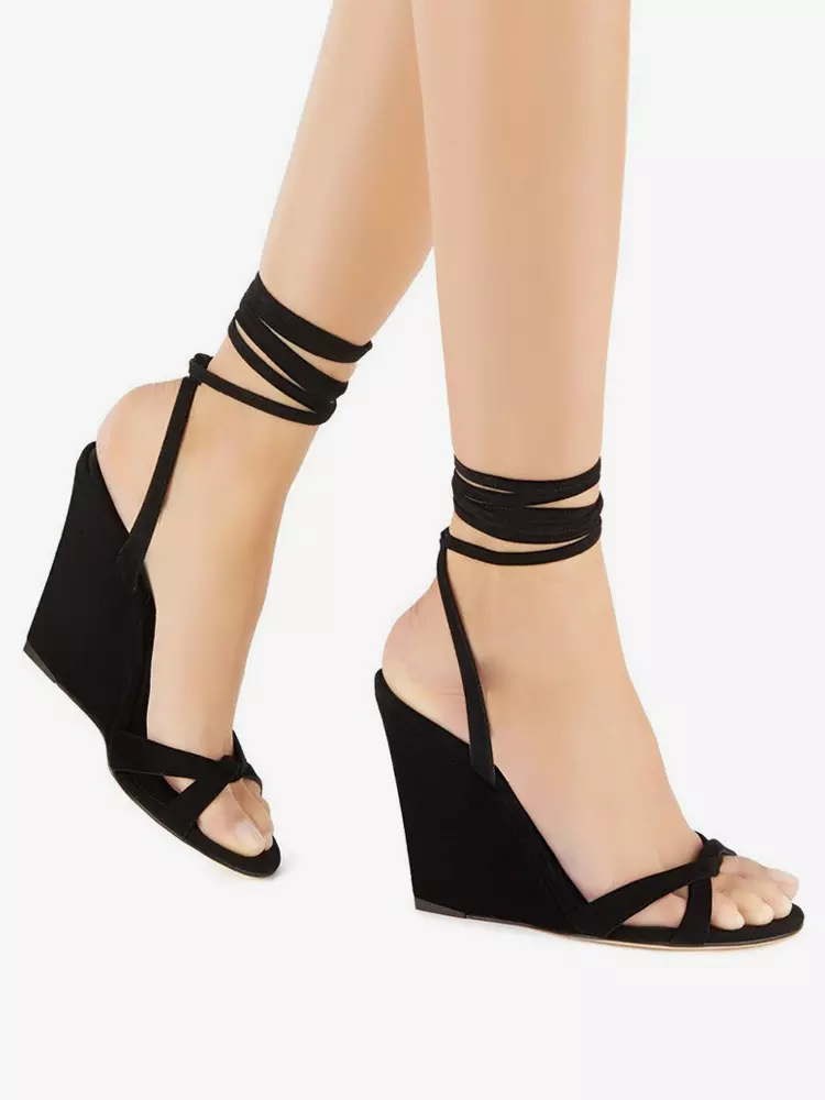 Casual Open Toe Lace Up Polyurethane Suede Wedge Sandals - Image 2