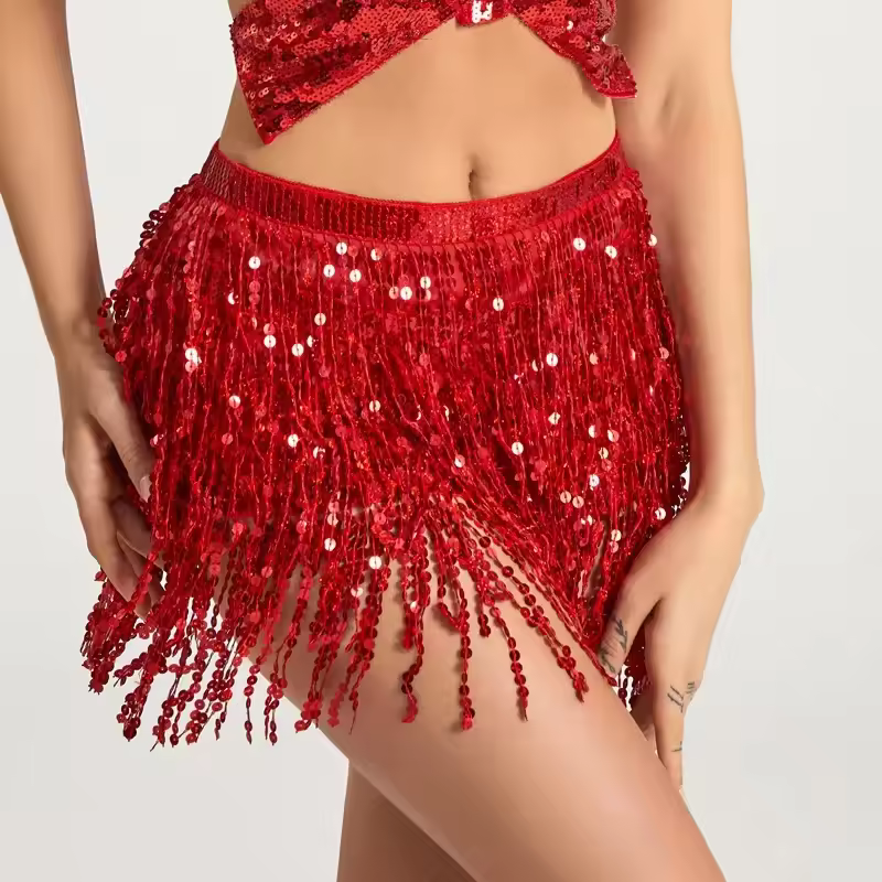 Casual Patchwork Sequins Tassel Performance Stage Belly Dance Mini Skirt